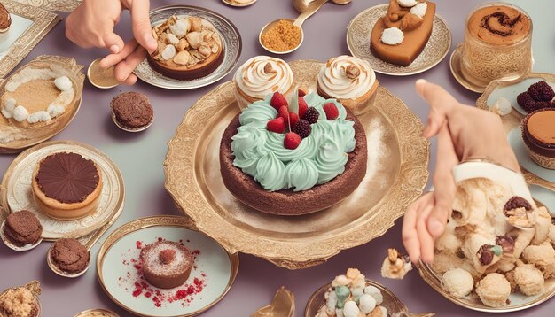 写真 a table with a plate of desserts and pastries on it