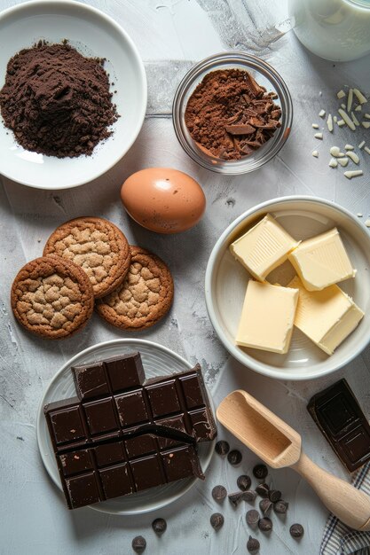 写真 チョコレートとチョコロートクッキーのトレイとチョкоレートのボウルを持つテーブル