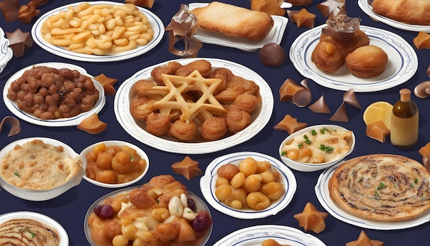 Фото Стол с различными продуктами питания, включая хлеб и хлеб