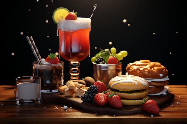 Фото Стол с различными продуктами питания, включая фруктовые выпечки и выпечки