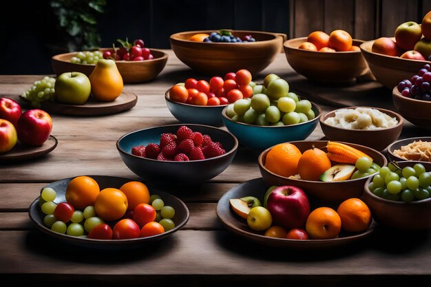 写真 その上に食べ物と果物の鉢があるテーブル