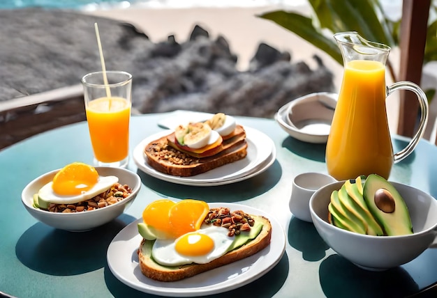 Фото Стол с завтраком, включая яйца, яйца и апельсиновый сок