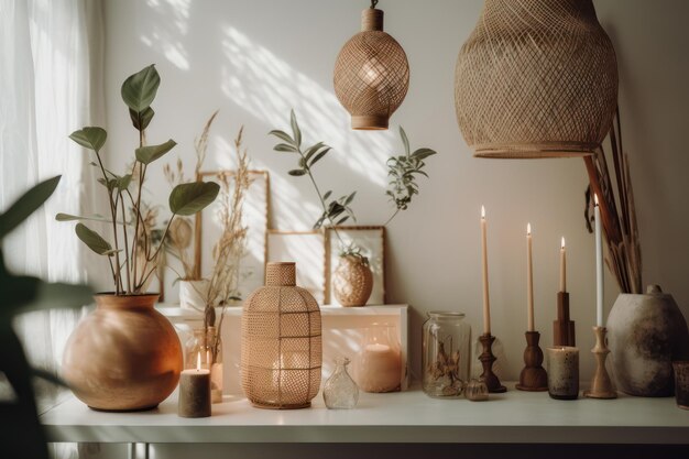 Фото Стол со свечами, свечи и ваза с растением.