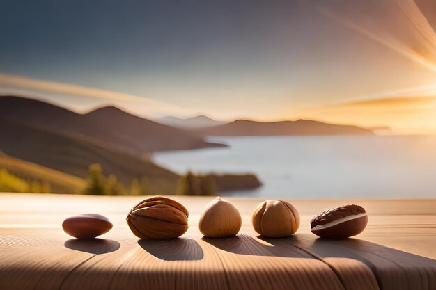 写真 ナッツと夕日を背景にしたテーブル