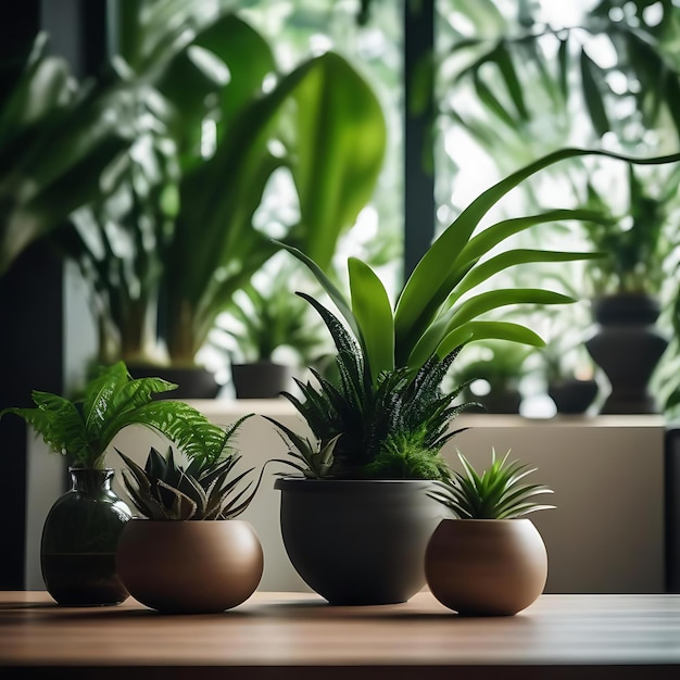 Фото Стол с растениями и окном за ними