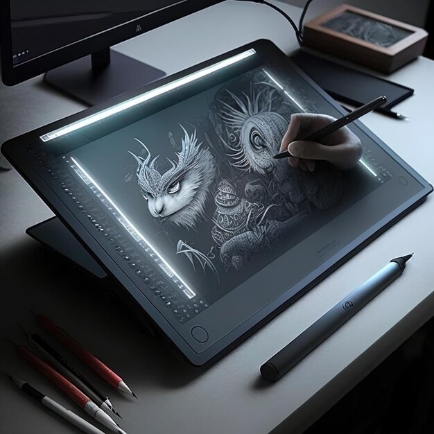 写真 その上にモンスターの絵が描かれたタブレット