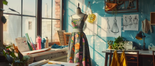 写真 太陽と明るいスタジオに立つ裁縫マネキン 壁に貼り付けられた色とりどりの織物とスケッチの様々な縫製アイテムがあります
