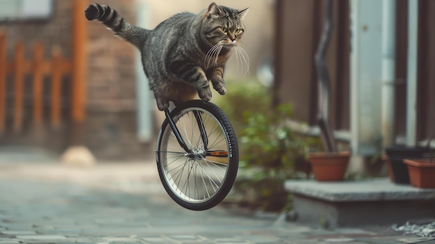 사진 재능 있는 고양이 가 도시 거리 를 따라 단 자전거 를 타고 다니며, 그 의 기술 과 균형 으로 관중 들 을 놀라게 한다