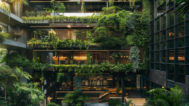 写真 繁栄する植物が豊富に飾られた高い建物がその外側を登って緑色の環境を作り出しています