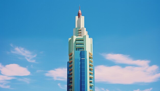 사진 빨간색과 색의 꼭대기와 구름이 있는 파란색 하늘을 가진 높은 건물