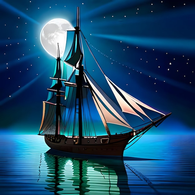 写真 高い船は月光の海を航海する雲月星ネオン光夜の暗の芸術