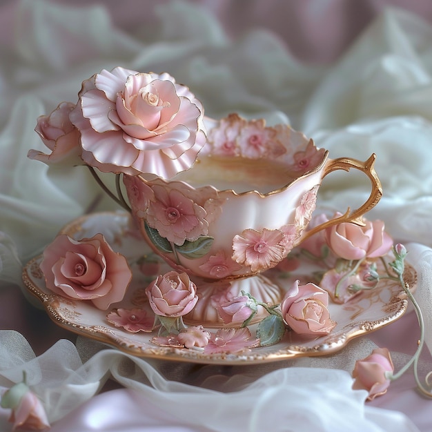 写真 その上にピンクのバラをつけたお茶と皿