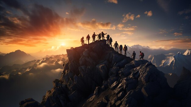 사진 높은 산 꼭대기 에 있는 등반자 들 의 팀