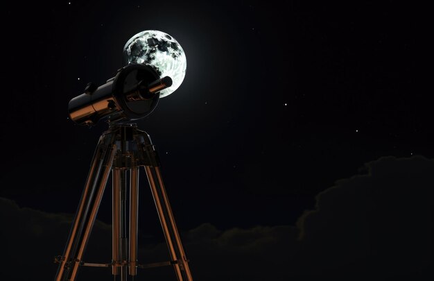 사진 삼각대 에 장착 된 망원경 이 별 들 이 가득 찬 밤 하늘 아래 서 있다
