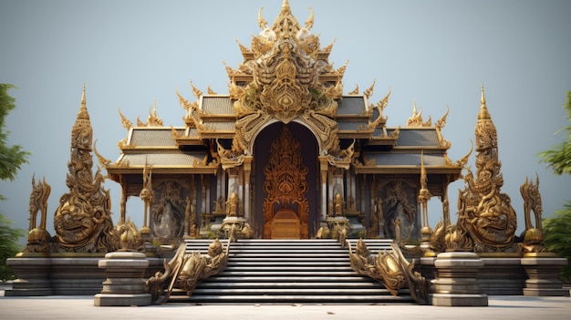 写真 真ん中に金と金の寺院がある寺院。