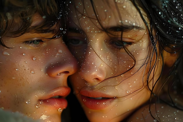 사진 부부의 부드러운 순간 클로즈업 (rainkissed embrace concept rainy day closeup couples romantic embrace)