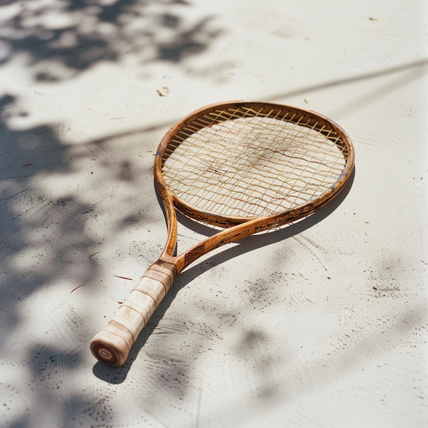 사진 나무 손잡이를 가진 테니스 라켓이  표면에 앉아 있습니다.