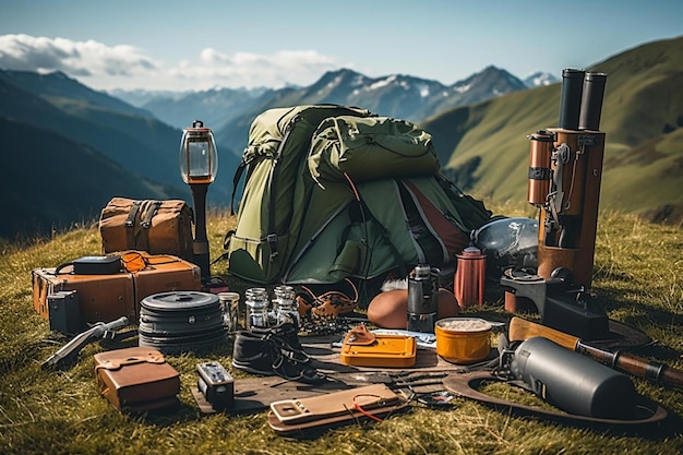 Фото Палатка с большим количеством оборудования и гора на заднем плане