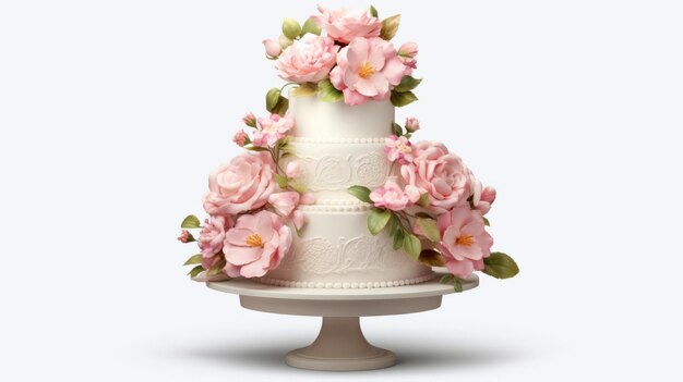 写真 上にピンクの花がついた3層のウェディングケーキ