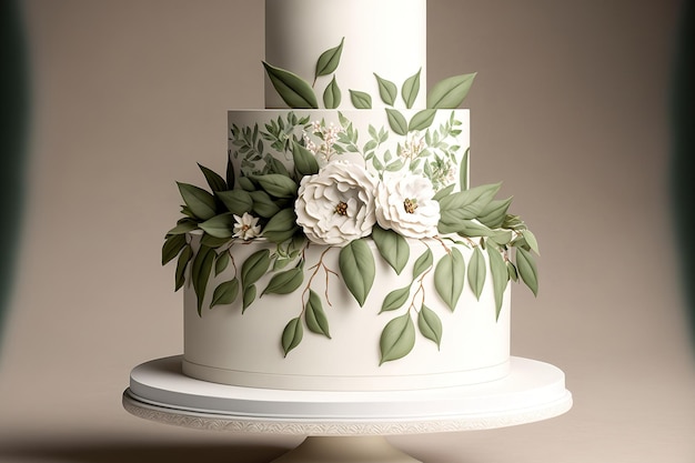 写真 緑の葉と白い 3 段のウェディング ケーキ