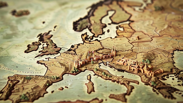 写真 ヨーロッパの3次元地図 - 建物と城の模型が描かれています地図は木製で建物はプラスチックです