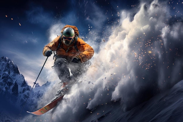 Фото Захватывающее изображение, на котором мужчина катается на лыжах по заснеженному склону и испытывает радость зимних приключений. катание на лыжах, сноуборде. экстремальные зимние виды спорта. сгенерировано ai.