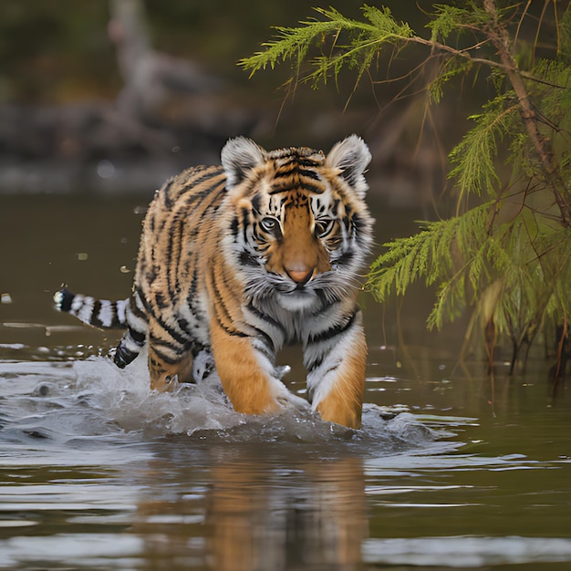 写真 虎の子が水の中を走り水の中に走っています