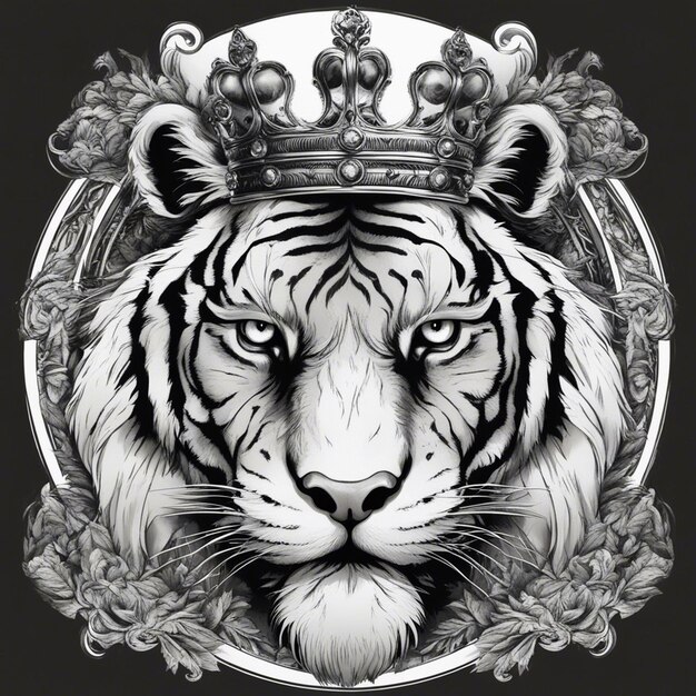 Фото Голова тигра с короной элегантный и благородный логотип черно-белый наклейка печать