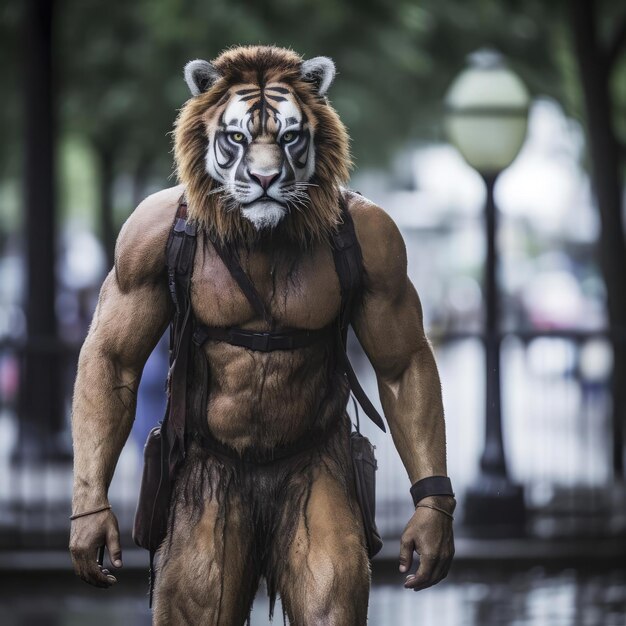 Фото Человек-тигр гуляет по городу