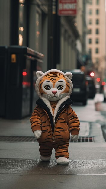 Фото Тигр в толстовке идет по улице.