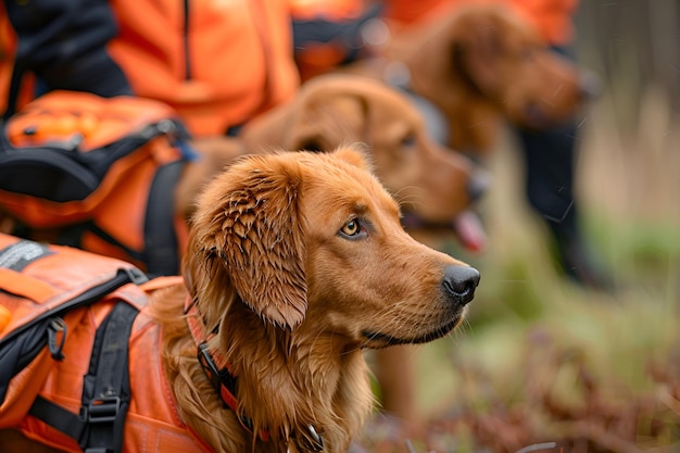 写真 救助サービスの犬が活動的に任務に従事しているのを撮影する近いショット