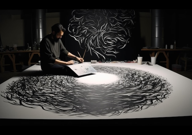 Фото Таймлапс-видео, на котором каллиграф создает крупномасштабное произведение искусства, демонстрирующее постепенное