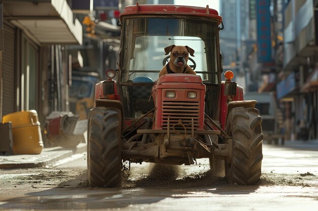 写真 大きなトラクターを忙しい街で運転する小さな犬