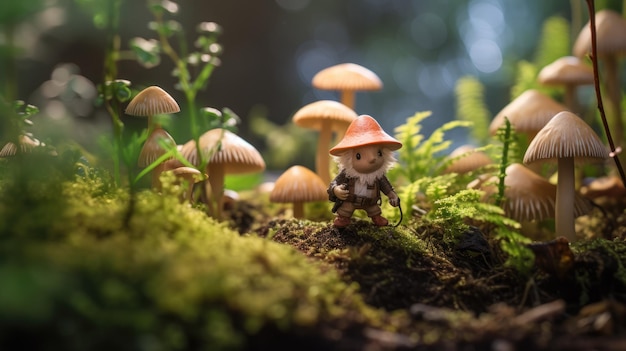 사진 작은 난쟁이 가 버섯 숲 앞 에 서 있어 매력적 인 소형 장면 에 매력을 더 하고 있다
