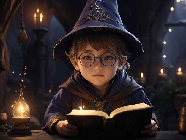 Фото Крошечный волшебник в тренировке с палочкой и книгой заклинаний, готовый бросить заклинания.