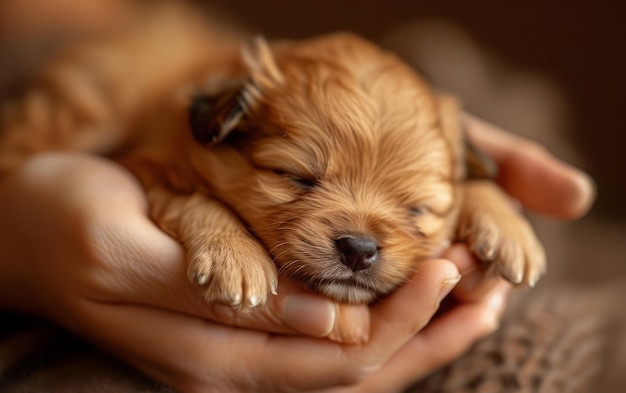 Фото Маленький новорожденный щенок уютно спит в заботливой колыбели человеческих рук