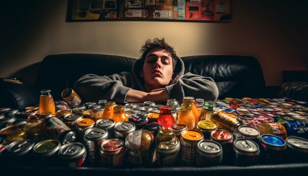 写真 ai が生成した暗闇の中で一人で座ってウィスキーを飲む疲れた男性