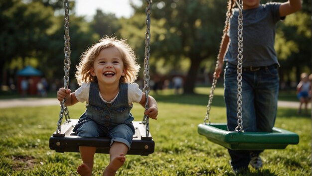 写真 幼児が子供と一緒にスイングに座っている