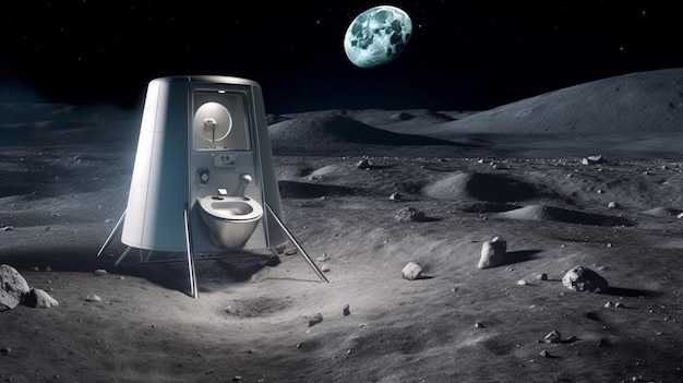 사진 지구를 배경으로 달에 있는 화장실이 그려져 있습니다.