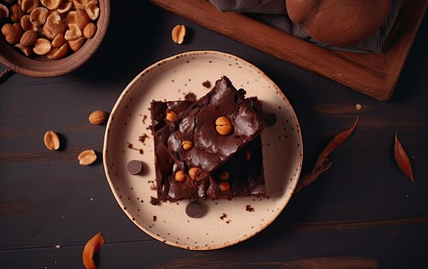 Фото Шоколадный брауни, вид сверху на винтажном фоне, сладкий десерт, пекарня, еда, созданная ai