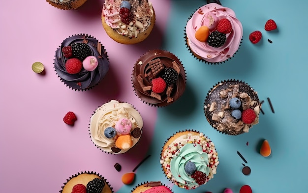 Фото Верхний вид красочные кексы на пастельном фоне сладкий десерт пекарня еда ai генерируется