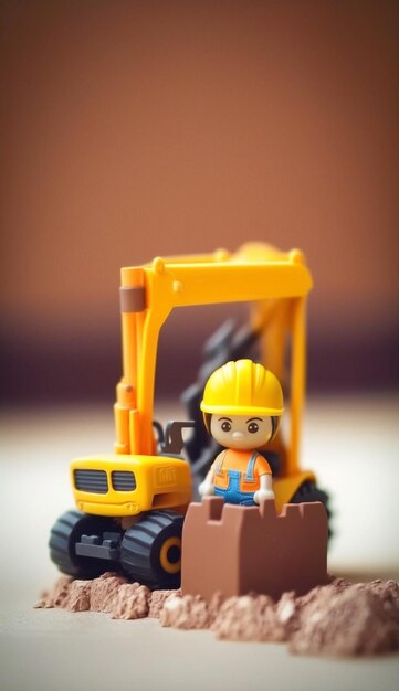사진 노란색 건설 차량을 든 장난감 건설 노동자.