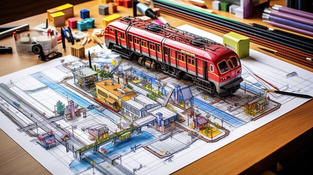 写真 玩具の列車が列車の絵を描いたテーブルの上にある