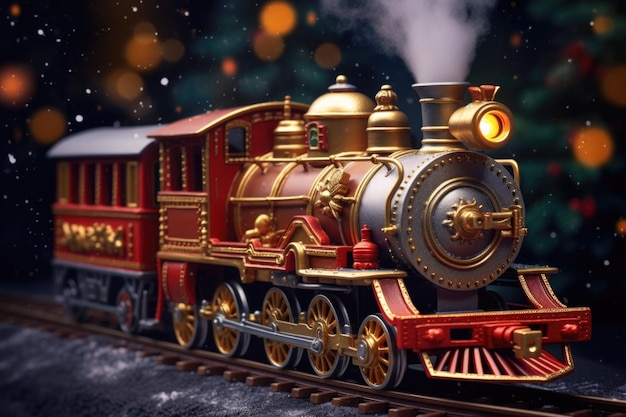 写真 トイ・トレイン (toy train) はクリスマス・ツリー (christmas tree) を背景にした電車の線路に描かれていますこの画像は休日の装飾やお祝いのトイ・トイ・テレインセットを描くために使用できます