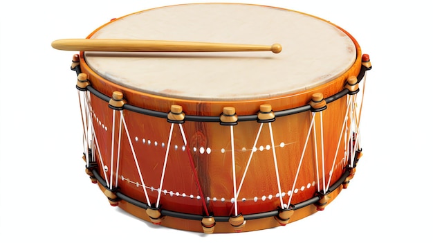 写真 伝統的なドラムは白い背景に隔離された木製の棒でドラムは黒と赤の細部を持つオレンジ色のボディを持ち棒は茶色です