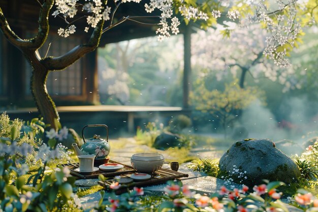 Фото Традиционная японская чайная церемония в спокойной га