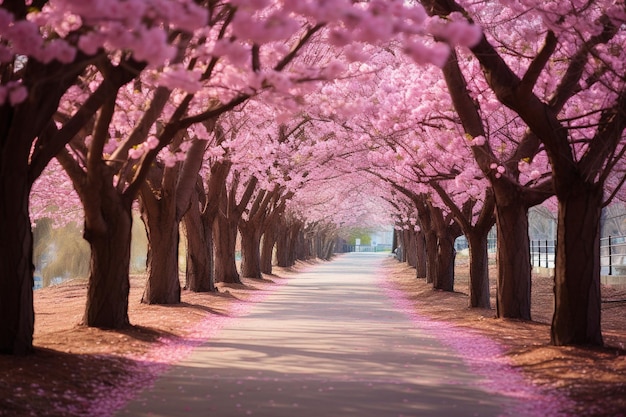 写真 桜がいている桜の木に囲まれた小道