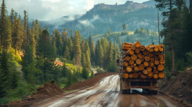Фото Прицепный грузовик, перевозящий деревянные бревна стопка деревянных бревен в большом прицепе