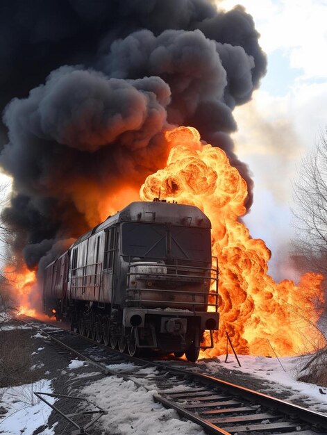 写真 後ろで大きな黒煙を上げながら燃えている列車。