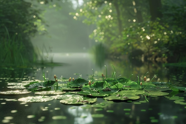 Фото Спокойный лесный пруд с лилиями и лягушками
